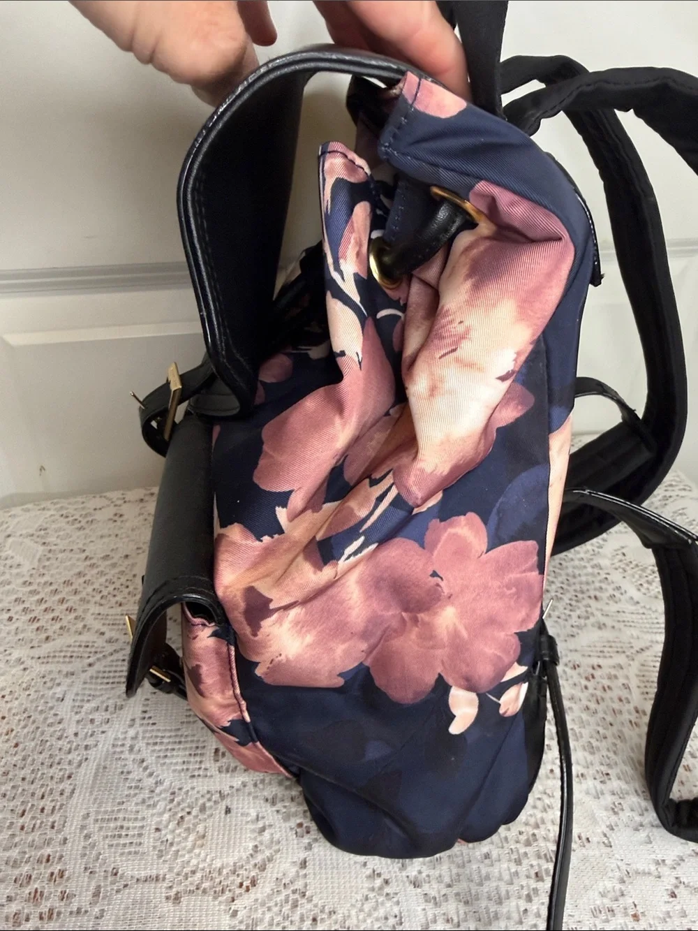 Victoria's Secret getaway cargo faux leather blue pink Floral Backpack - Picture 4 of 8